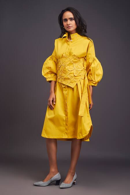 Buy Deepika Arora Yellow Cotton Applique Bandeau Neck Midi Dress With Corset Belt Online at Aza Fashions Buy_Deepika Arora_Yellow Cotton Applique Bandeau Neck Midi Dress With Corset Belt _Online_at_Aza_Fashions