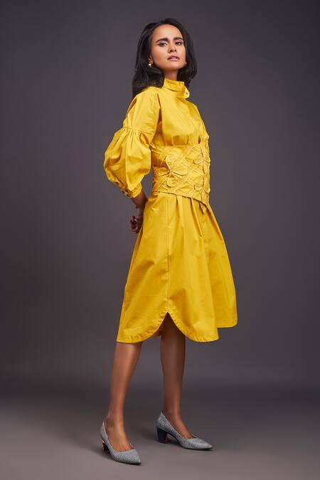 Shop Deepika Arora Yellow Cotton Applique Bandeau Neck Midi Dress With Corset Belt Online at Aza Fashions Shop_Deepika Arora_Yellow Cotton Applique Bandeau Neck Midi Dress With Corset Belt _Online_at_Aza_Fashions
