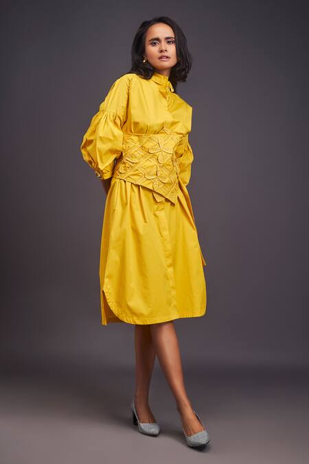Deepika Arora Yellow Cotton Applique Bandeau Neck Midi Dress With Corset Belt at Aza Fashions Deepika Arora_Yellow Cotton Applique Bandeau Neck Midi Dress With Corset Belt _at_Aza_Fashions