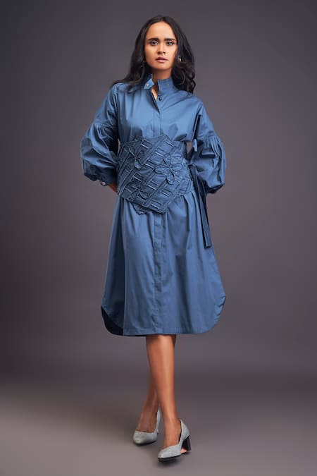 Deepika Arora Blue 100% Cotton Applique Flower Band Collar Midi Shirt Dress With Corset Belt 