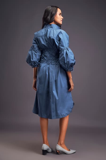 Shop Deepika Arora Blue Cotton Applique Collared Midi Shirt Dress With Corset Belt at Aza Fashions Shop_Deepika Arora_Blue Cotton Applique Collared Midi Shirt Dress With Corset Belt _at_Aza_Fashions