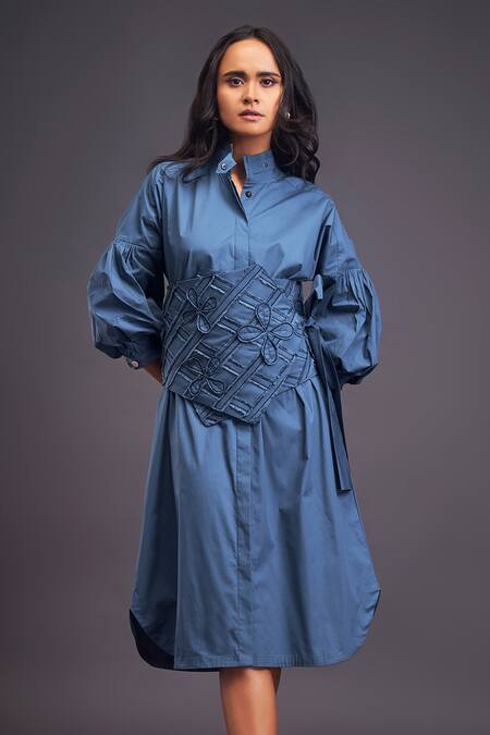 Deepika Arora Blue Cotton Applique Collared Midi Shirt Dress With Corset Belt Online at Aza Fashions Deepika Arora_Blue Cotton Applique Collared Midi Shirt Dress With Corset Belt _Online_at_Aza_Fashions
