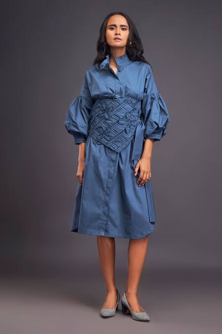 Shop Deepika Arora Blue Cotton Applique Collared Midi Shirt Dress With Corset Belt Online at Aza Fashions Shop_Deepika Arora_Blue Cotton Applique Collared Midi Shirt Dress With Corset Belt _Online_at_Aza_Fashions