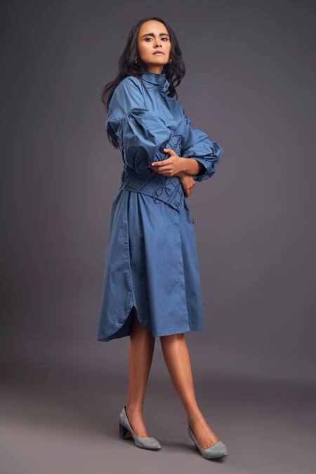Deepika Arora Blue Cotton Applique Collared Midi Shirt Dress With Corset Belt at Aza Fashions Deepika Arora_Blue Cotton Applique Collared Midi Shirt Dress With Corset Belt _at_Aza_Fashions