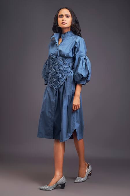 Buy Deepika Arora Blue Cotton Applique Collared Midi Shirt Dress With Corset Belt Buy_Deepika Arora_Blue Cotton Applique Collared Midi Shirt Dress With Corset Belt