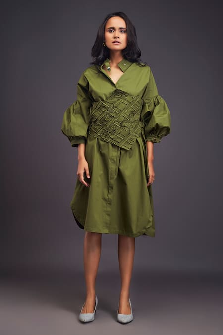 Deepika Arora Green 100% Cotton Applique Flower Band Collar Shirt Dress With Corset Belt 