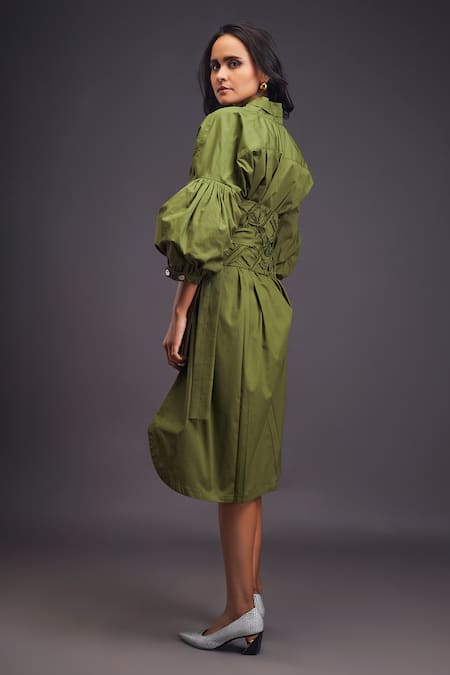 Shop Deepika Arora Green Cotton Embroidery Bandeau Neck Shirt Dress With Corset Belt at Aza Fashions Shop_Deepika Arora_Green Cotton Embroidery Bandeau Neck Shirt Dress With Corset Belt _at_Aza_Fashions