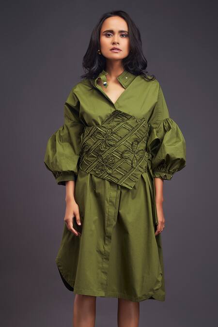 Deepika Arora Green Cotton Embroidery Bandeau Neck Shirt Dress With Corset Belt Online at Aza Fashions Deepika Arora_Green Cotton Embroidery Bandeau Neck Shirt Dress With Corset Belt _Online_at_Aza_Fashions