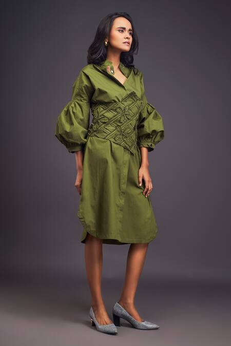 Buy Deepika Arora Green Cotton Embroidery Bandeau Neck Shirt Dress With Corset Belt Online at Aza Fashions Buy_Deepika Arora_Green Cotton Embroidery Bandeau Neck Shirt Dress With Corset Belt _Online_at_Aza_Fashions