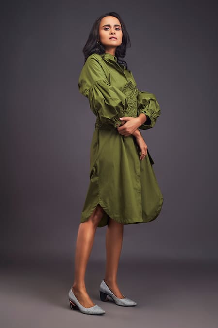 Shop Deepika Arora Green Cotton Embroidery Bandeau Neck Shirt Dress With Corset Belt Online at Aza Fashions Shop_Deepika Arora_Green Cotton Embroidery Bandeau Neck Shirt Dress With Corset Belt _Online_at_Aza_Fashions