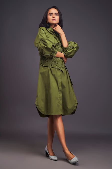 Deepika Arora Green Cotton Embroidery Bandeau Neck Shirt Dress With Corset Belt at Aza Fashions Deepika Arora_Green Cotton Embroidery Bandeau Neck Shirt Dress With Corset Belt _at_Aza_Fashions