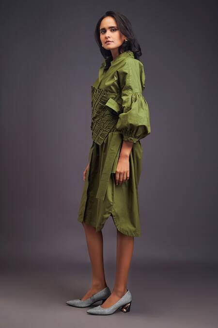 Buy Deepika Arora Green Cotton Embroidery Bandeau Neck Shirt Dress With Corset Belt Buy_Deepika Arora_Green Cotton Embroidery Bandeau Neck Shirt Dress With Corset Belt