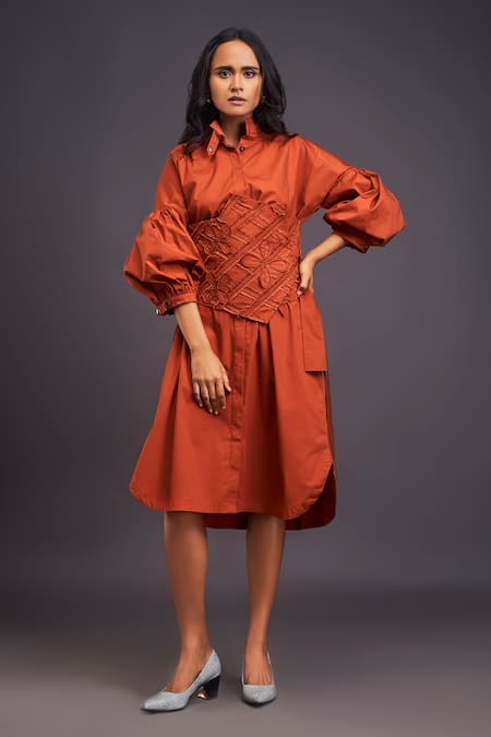 Deepika Arora Orange 100% Cotton Applique Flower Band Shirt Dress With Detailed Corset Belt 