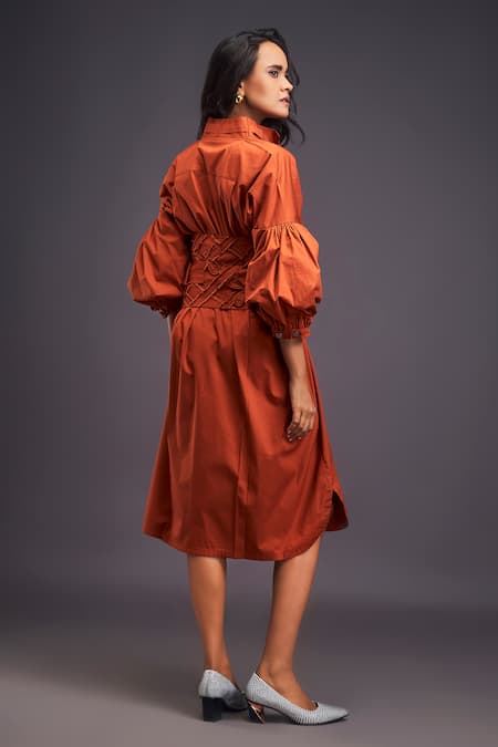 Shop Deepika Arora Orange Cotton Applique Collared Shirt Dress With Flower Detailed Corset Belt at Aza Fashions Shop_Deepika Arora_Orange Cotton Applique Collared Shirt Dress With Flower Detailed Corset Belt _at_Aza_Fashions