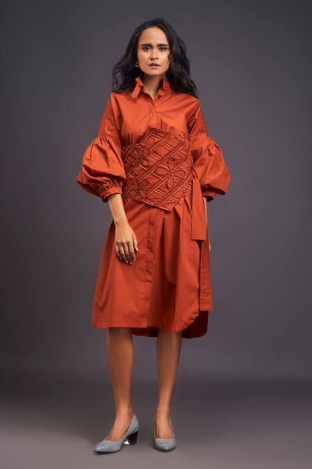 Deepika Arora Orange Cotton Applique Collared Shirt Dress With Flower Detailed Corset Belt Online at Aza Fashions Deepika Arora_Orange Cotton Applique Collared Shirt Dress With Flower Detailed Corset Belt _Online_at_Aza_Fashions