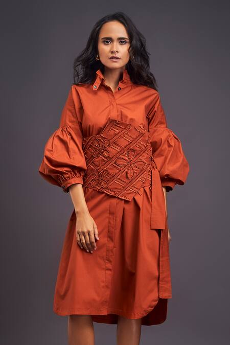 Buy Deepika Arora Orange Cotton Applique Collared Shirt Dress With Flower Detailed Corset Belt Online at Aza Fashions Buy_Deepika Arora_Orange Cotton Applique Collared Shirt Dress With Flower Detailed Corset Belt _Online_at_Aza_Fashions