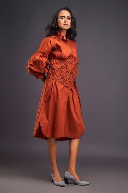 Shop Deepika Arora Orange Cotton Applique Collared Shirt Dress With Flower Detailed Corset Belt Online at Aza Fashions Shop_Deepika Arora_Orange Cotton Applique Collared Shirt Dress With Flower Detailed Corset Belt _Online_at_Aza_Fashions