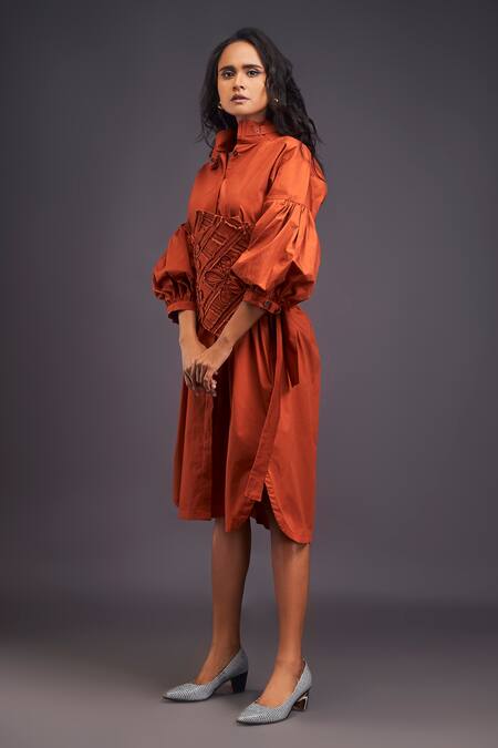 Deepika Arora Orange Cotton Applique Collared Shirt Dress With Flower Detailed Corset Belt at Aza Fashions Deepika Arora_Orange Cotton Applique Collared Shirt Dress With Flower Detailed Corset Belt _at_Aza_Fashions