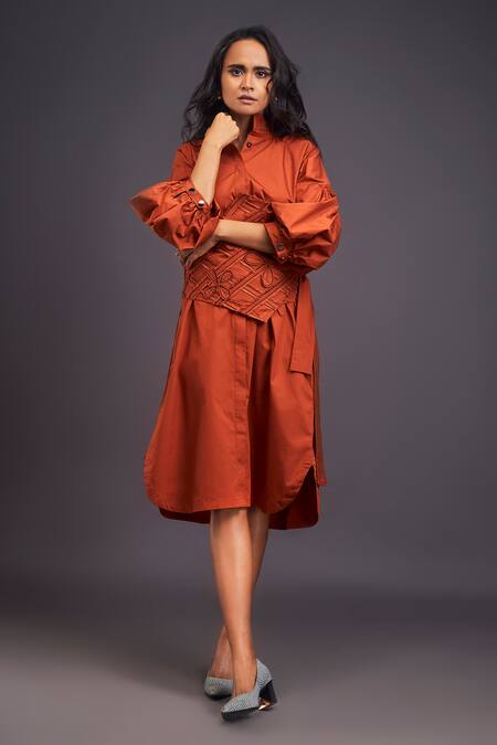 Buy Deepika Arora Orange Cotton Applique Collared Shirt Dress With Flower Detailed Corset Belt Buy_Deepika Arora_Orange Cotton Applique Collared Shirt Dress With Flower Detailed Corset Belt