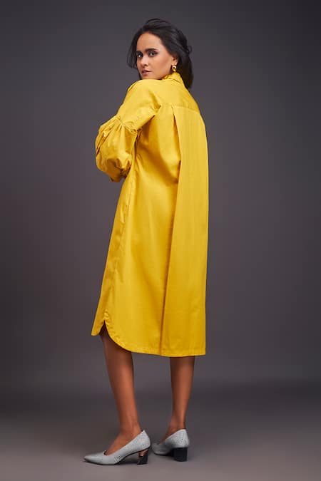 Shop Deepika Arora Yellow Cotton Embroidery Bandeau Neck Midi Shirt Dress at Aza Fashions Shop_Deepika Arora_Yellow Cotton Embroidery Bandeau Neck Midi Shirt Dress _at_Aza_Fashions