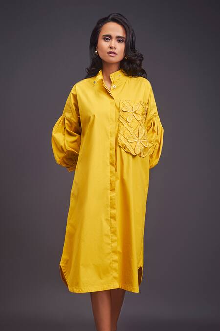 Deepika Arora Yellow Cotton Embroidery Bandeau Neck Midi Shirt Dress Online at Aza Fashions Deepika Arora_Yellow Cotton Embroidery Bandeau Neck Midi Shirt Dress _Online_at_Aza_Fashions