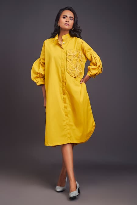 Shop Deepika Arora Yellow Cotton Embroidery Bandeau Neck Midi Shirt Dress Online at Aza Fashions Shop_Deepika Arora_Yellow Cotton Embroidery Bandeau Neck Midi Shirt Dress _Online_at_Aza_Fashions