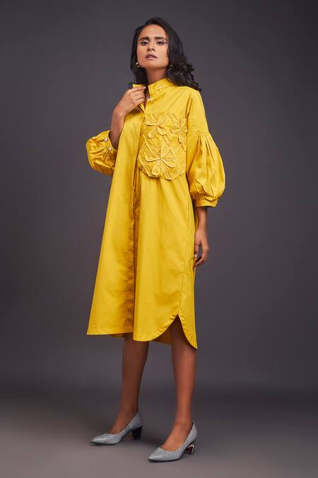Deepika Arora Yellow Cotton Embroidery Bandeau Neck Midi Shirt Dress at Aza Fashions Deepika Arora_Yellow Cotton Embroidery Bandeau Neck Midi Shirt Dress _at_Aza_Fashions