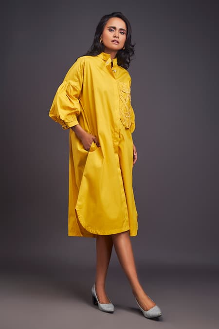 Buy Deepika Arora Yellow Cotton Embroidery Bandeau Neck Midi Shirt Dress Buy_Deepika Arora_Yellow Cotton Embroidery Bandeau Neck Midi Shirt Dress