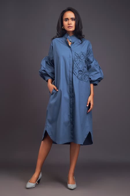 Deepika Arora Blue 100% Cotton Embroidered Flower Band Collar Midi Oversized Shirt Dress 