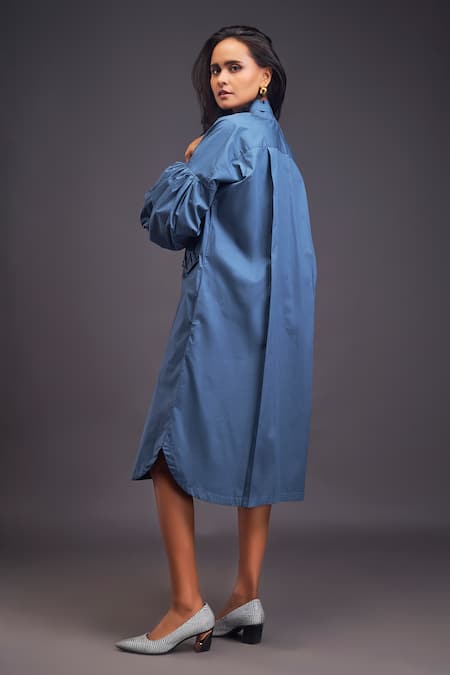 Shop Deepika Arora Blue Cotton Embroidery Bandeau Neck Midi Oversized Shirt Dress at Aza Fashions Shop_Deepika Arora_Blue Cotton Embroidery Bandeau Neck Midi Oversized Shirt Dress _at_Aza_Fashions