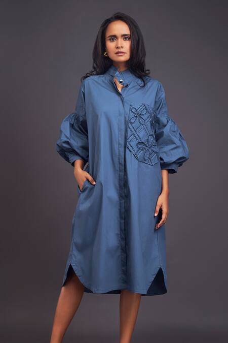Deepika Arora Blue Cotton Embroidery Bandeau Neck Midi Oversized Shirt Dress Online at Aza Fashions Deepika Arora_Blue Cotton Embroidery Bandeau Neck Midi Oversized Shirt Dress _Online_at_Aza_Fashions
