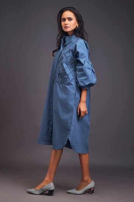 Buy Deepika Arora Blue Cotton Embroidery Bandeau Neck Midi Oversized Shirt Dress Online at Aza Fashions Buy_Deepika Arora_Blue Cotton Embroidery Bandeau Neck Midi Oversized Shirt Dress _Online_at_Aza_Fashions