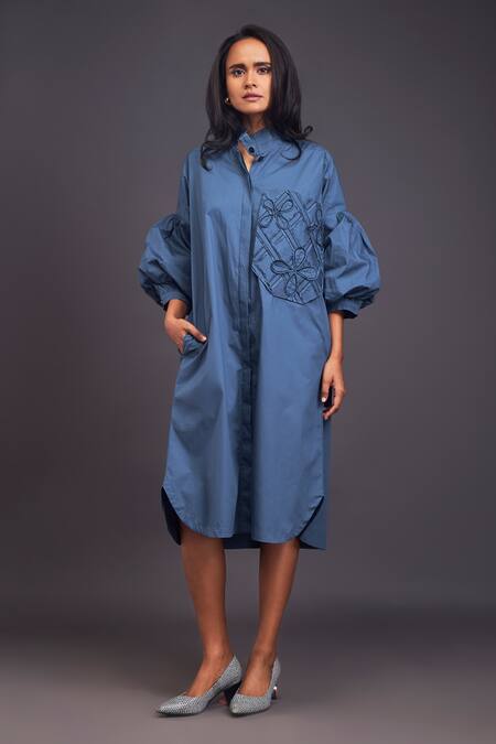 Shop Deepika Arora Blue Cotton Embroidery Bandeau Neck Midi Oversized Shirt Dress Online at Aza Fashions Shop_Deepika Arora_Blue Cotton Embroidery Bandeau Neck Midi Oversized Shirt Dress _Online_at_Aza_Fashions