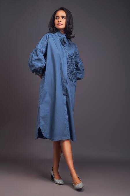 Deepika Arora Blue Cotton Embroidery Bandeau Neck Midi Oversized Shirt Dress at Aza Fashions Deepika Arora_Blue Cotton Embroidery Bandeau Neck Midi Oversized Shirt Dress _at_Aza_Fashions
