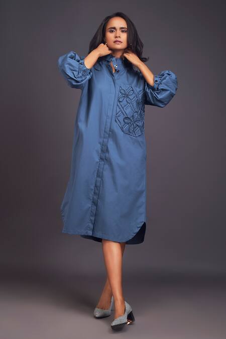 Buy Deepika Arora Blue Cotton Embroidery Bandeau Neck Midi Oversized Shirt Dress Buy_Deepika Arora_Blue Cotton Embroidery Bandeau Neck Midi Oversized Shirt Dress