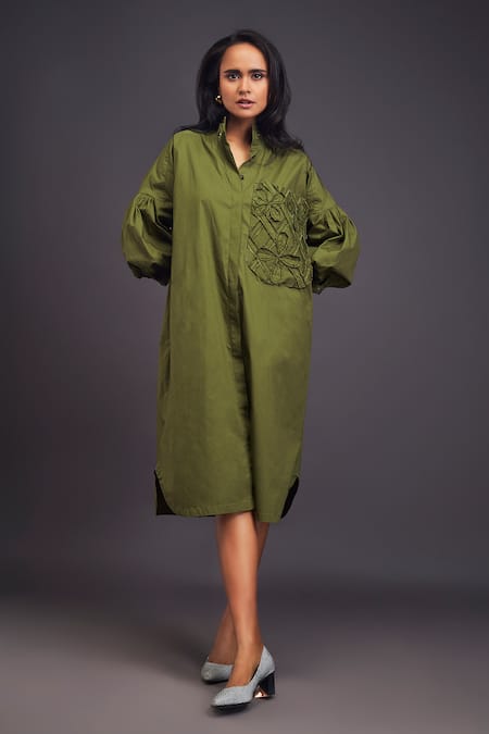 Deepika Arora Green 100% Cotton Embroidered Flower Band Collar Pocket Shirt Dress 