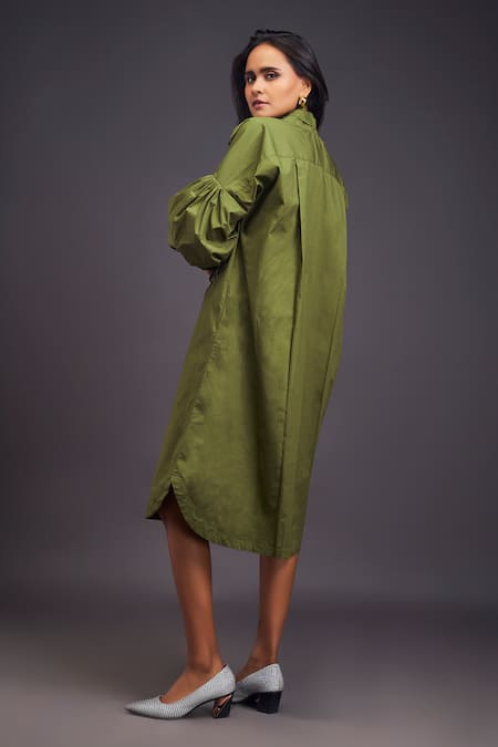 Shop_Deepika Arora_Green Cotton Embroidery Bandeau Neck Flower Pocket Shirt Dress _at_Aza_Fashions