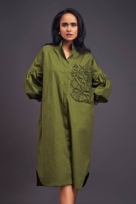 Deepika Arora_Green Cotton Embroidery Bandeau Neck Flower Pocket Shirt Dress _Online_at_Aza_Fashions