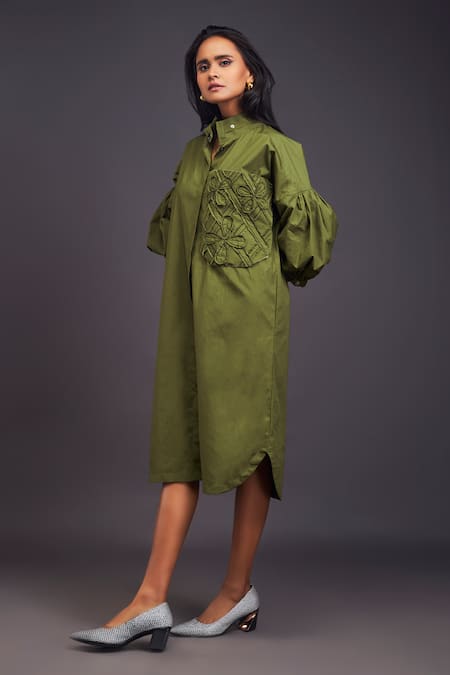 Buy_Deepika Arora_Green Cotton Embroidery Bandeau Neck Flower Pocket Shirt Dress _Online_at_Aza_Fashions