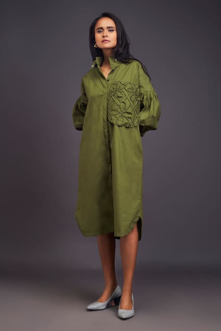 Shop_Deepika Arora_Green Cotton Embroidery Bandeau Neck Flower Pocket Shirt Dress _Online_at_Aza_Fashions
