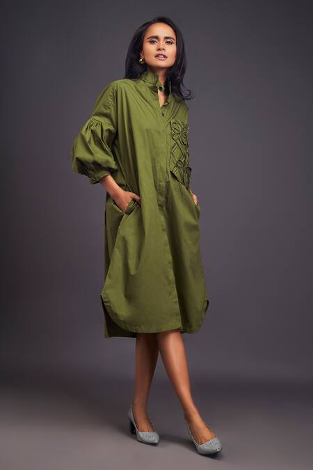 Deepika Arora_Green Cotton Embroidery Bandeau Neck Flower Pocket Shirt Dress _at_Aza_Fashions