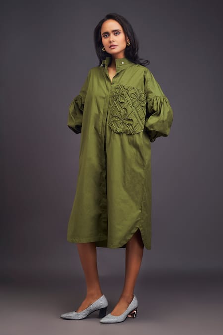 Buy_Deepika Arora_Green Cotton Embroidery Bandeau Neck Flower Pocket Shirt Dress 