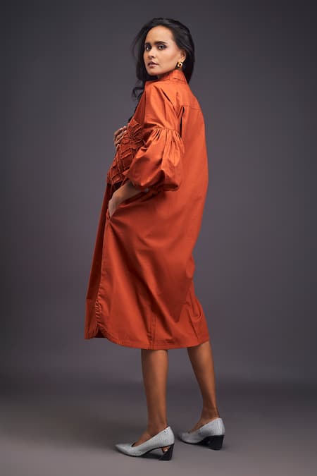 Shop_Deepika Arora_Orange Cotton Embroidery Bandeau Neck Flower Pocket Shirt Dress _at_Aza_Fashions