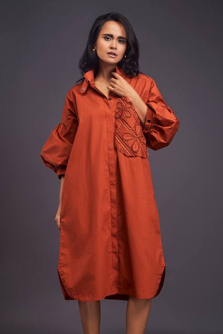Buy_Deepika Arora_Orange Cotton Embroidery Bandeau Neck Flower Pocket Shirt Dress _Online_at_Aza_Fashions