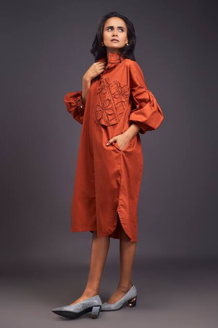 Shop_Deepika Arora_Orange Cotton Embroidery Bandeau Neck Flower Pocket Shirt Dress _Online_at_Aza_Fashions