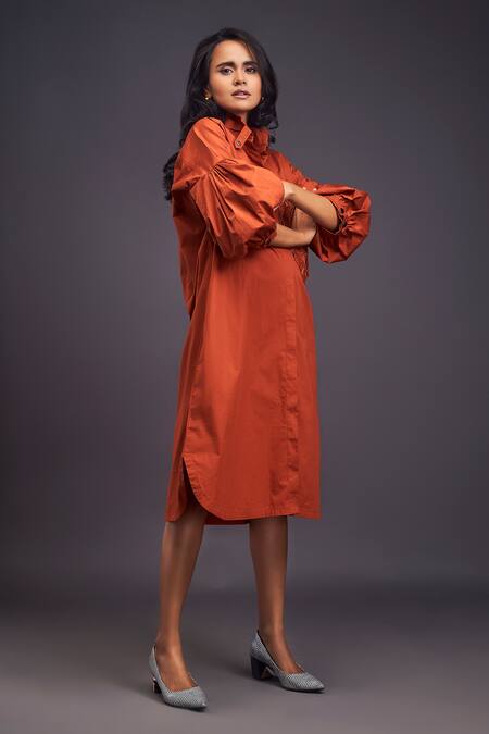 Deepika Arora_Orange Cotton Embroidery Bandeau Neck Flower Pocket Shirt Dress _at_Aza_Fashions