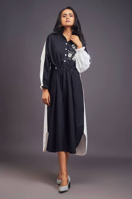 Deepika Arora Black 100% Cotton Badge Mandarin Collar Detailed Oversized Dress 