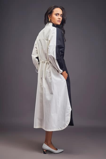 Shop_Deepika Arora_Black Cotton Embroidery Mandarin Collar Badge Detailed Oversized Dress _at_Aza_Fashions