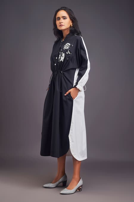 Buy_Deepika Arora_Black Cotton Embroidery Mandarin Collar Badge Detailed Oversized Dress _Online_at_Aza_Fashions