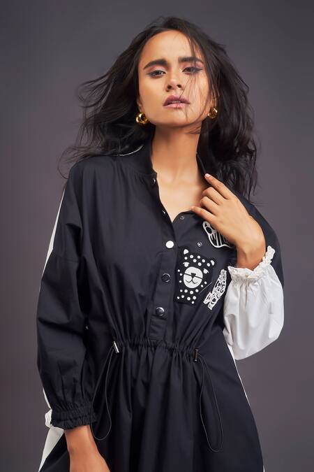 Shop_Deepika Arora_Black Cotton Embroidery Mandarin Collar Badge Detailed Oversized Dress _Online_at_Aza_Fashions